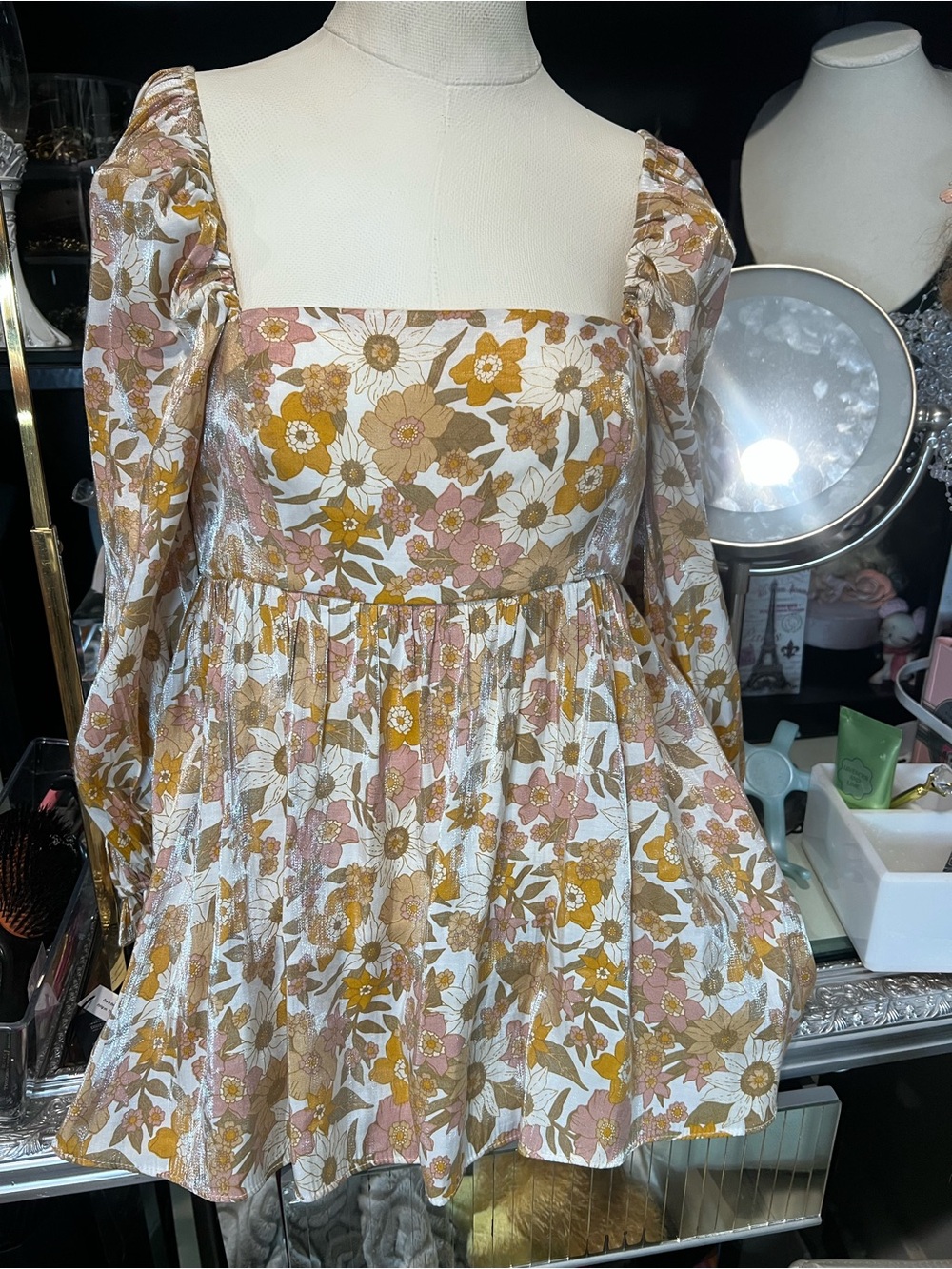 Storia Floral Square-Neck Puff Sleeve Dress - White Mustard Pink